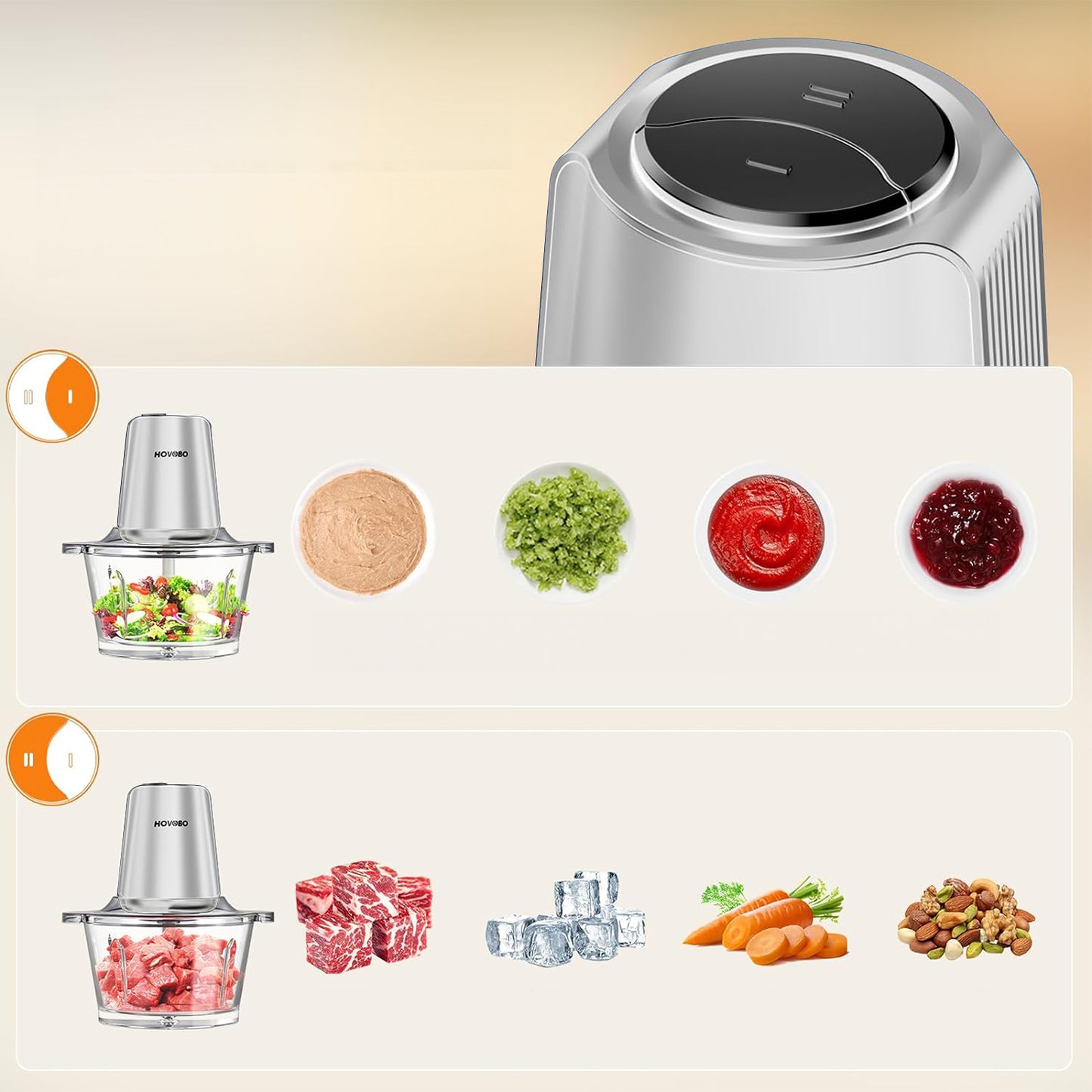 HEVOLER Electric Food Processor Meat Grinder with 8 Cup 2L Glass Bowl & 4 Large Sharp Blades 2 Speed for Vegetable Kitchen Cutter Medium Super Powerful Chopping Grinding