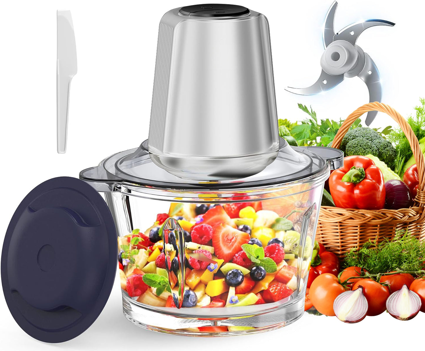 HEVOLER Electric Food Processor Meat Grinder with 8 Cup 2L Glass Bowl & 4 Large Sharp Blades 2 Speed for Vegetable Kitchen Cutter Medium Super Powerful Chopping Grinding