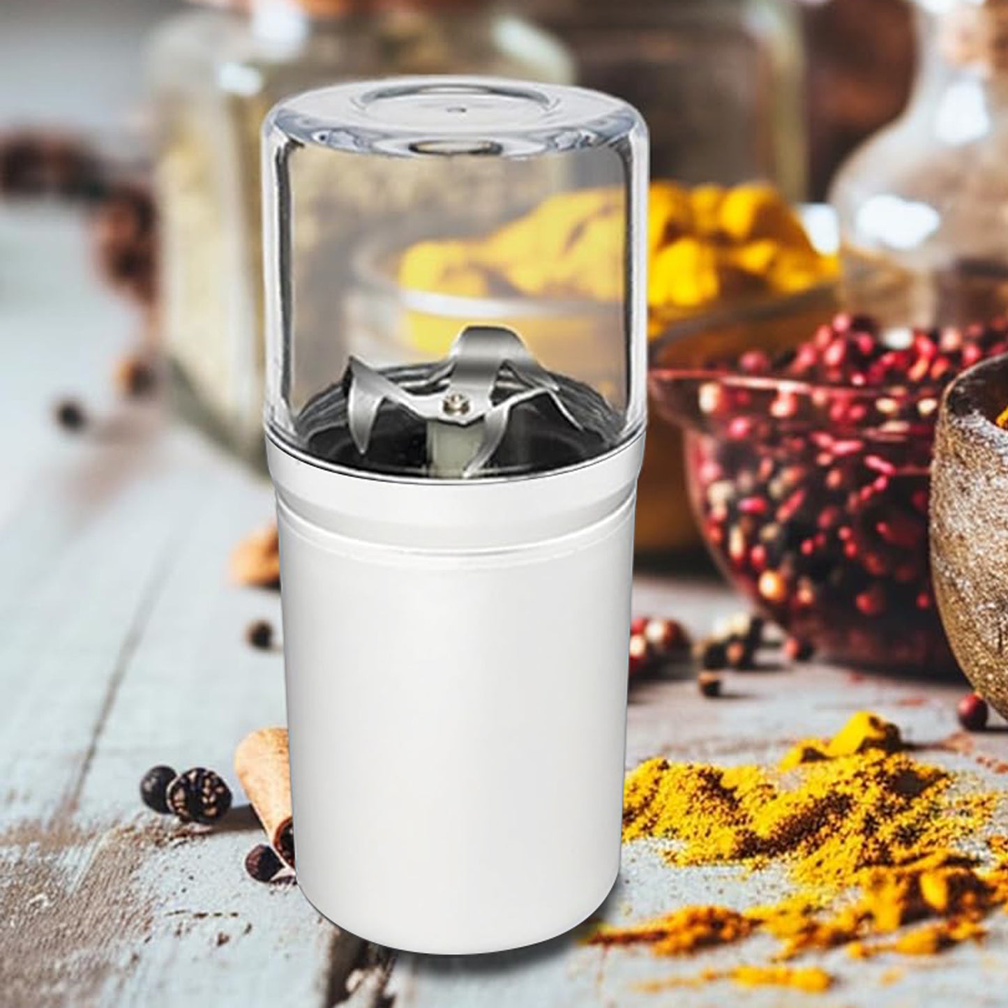 HEVOLER Electric Portable Herb Grinder with Stainless Steel Blades and Clear Grinding Chamber, USB-Rechargeable Essential Kitchen Mill for Grinding